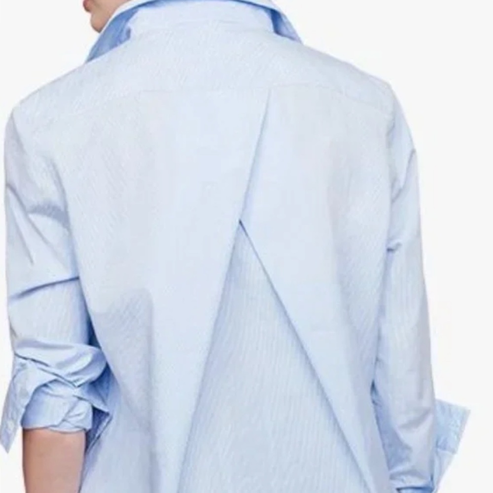 Cuyana Stretch Poplin Pleat-Back Shirt, Blue/White stripes, button down blouse S